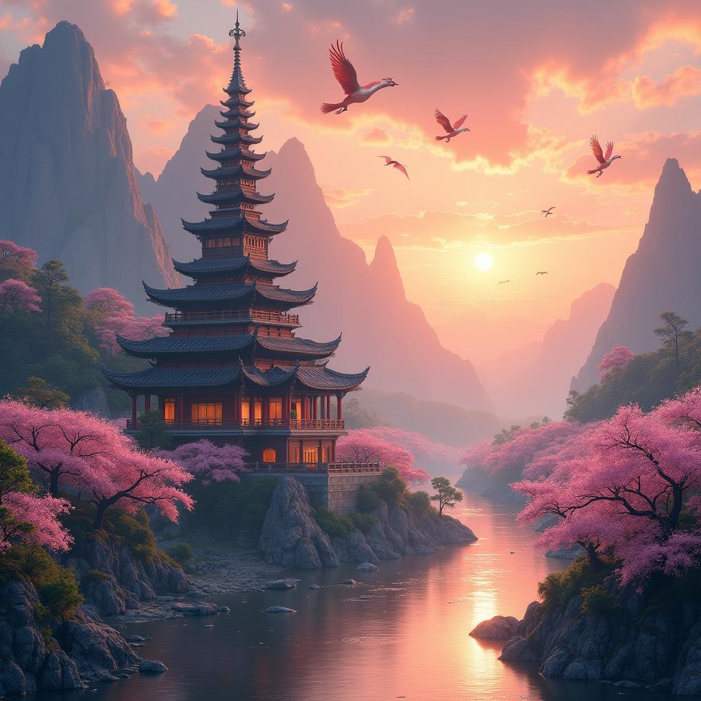 A mystical land called 神藏之地 featuring a traditional East Asian temple, cherry blossom trees, serene rivers, and mystical creatures like dragons and phoenixes in a tranquil, magical setting