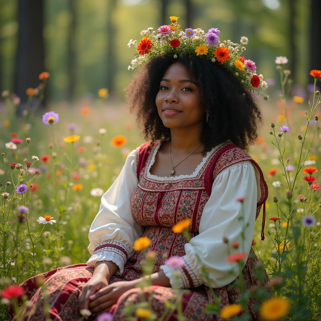 A black chubby woman in a traditional Russian sundress and shirt sits in a clearing with wildflowers, wearing a wreath of wildflowers on her head