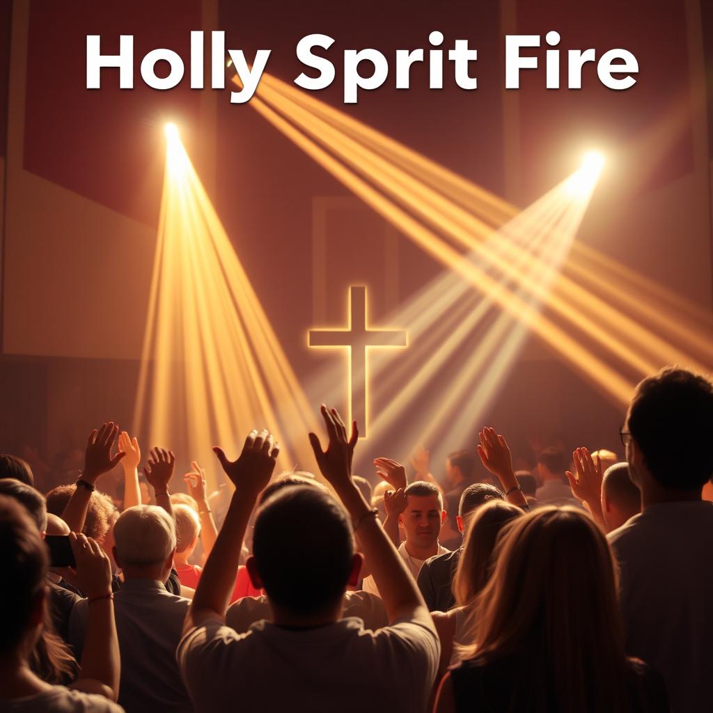 A group of people praising God in a church setting, with rays of Holy Spirit Fire beaming down over the congregation