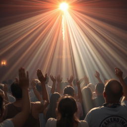 A group of people praising God in a church setting, with rays of Holy Spirit Fire beaming down over the congregation