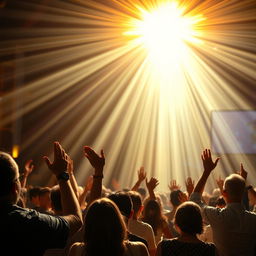 A group of people praising God in a church setting, with rays of Holy Spirit Fire beaming down over the congregation