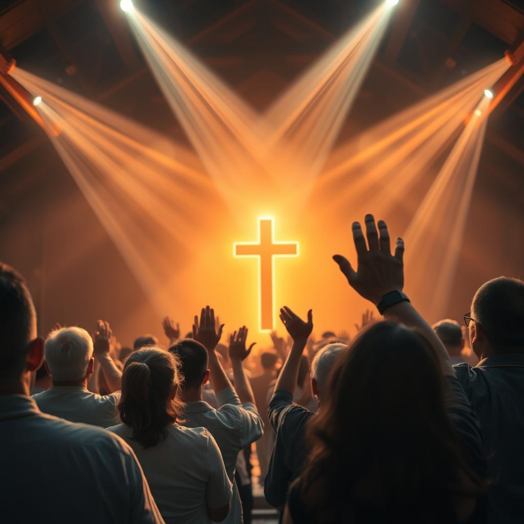 A group of people praising God in a church setting, with rays of Holy Spirit Fire beaming down over the congregation