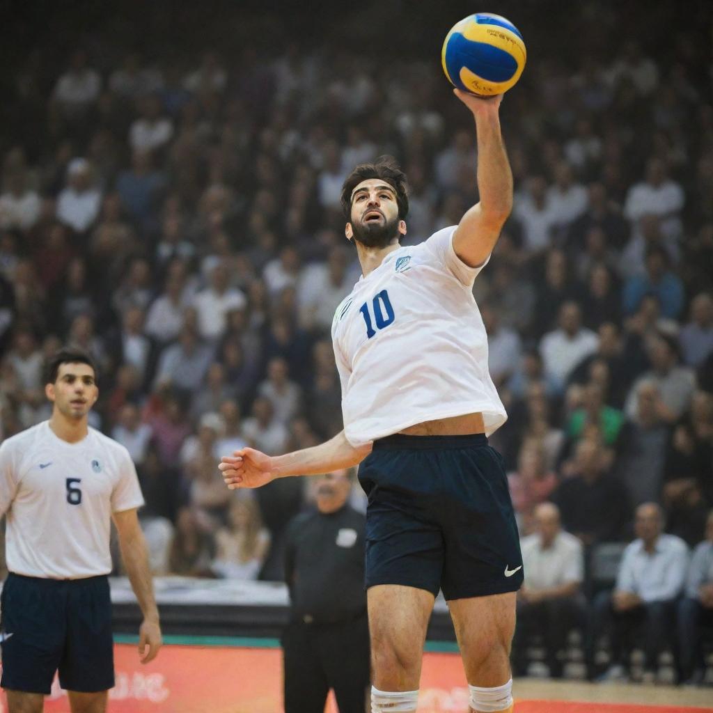 A strong, tall Iranian man with short hair, considered an outside hitter, in the midst of a volleyball game. He's jumping and spiking the ball in court while donning a shirt and Nike volleyball shoes.