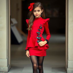 A girl wearing an exotic red dress paired with black tights