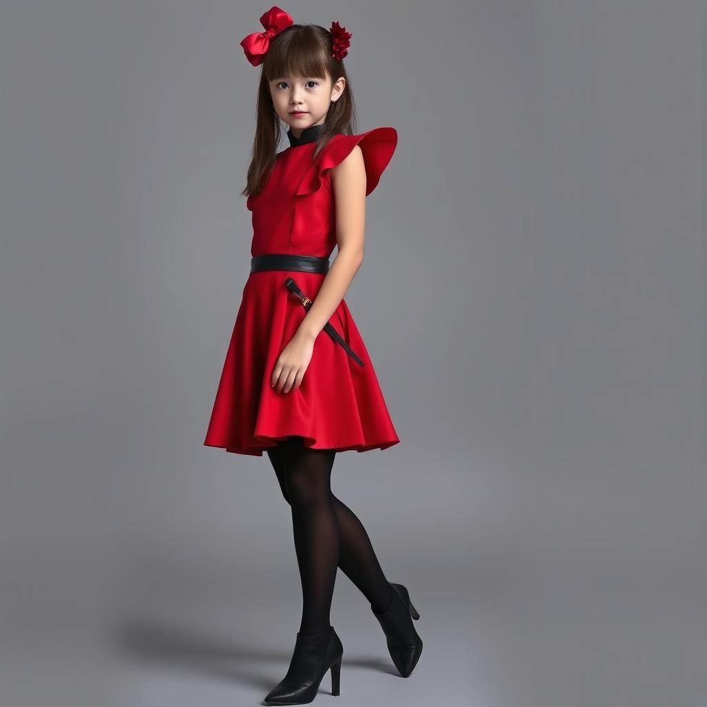 An adult girl wearing an exotic red dress paired with black tights