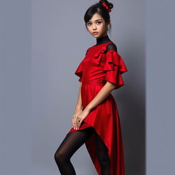 An adult girl wearing an exotic red dress paired with black tights