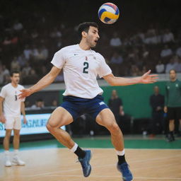 A strong, tall Iranian man with short hair, considered an outside hitter, in the midst of a volleyball game. He's jumping and spiking the ball in court while donning a shirt and Nike volleyball shoes.