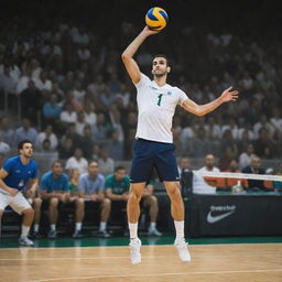 A strong, tall Iranian man with short hair, considered an outside hitter, in the midst of a volleyball game. He's jumping and spiking the ball in court while donning a shirt and Nike volleyball shoes.