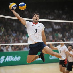 A strong, tall Iranian man with short hair, considered an outside hitter, in the midst of a volleyball game. He's jumping and spiking the ball in court while donning a shirt and Nike volleyball shoes.