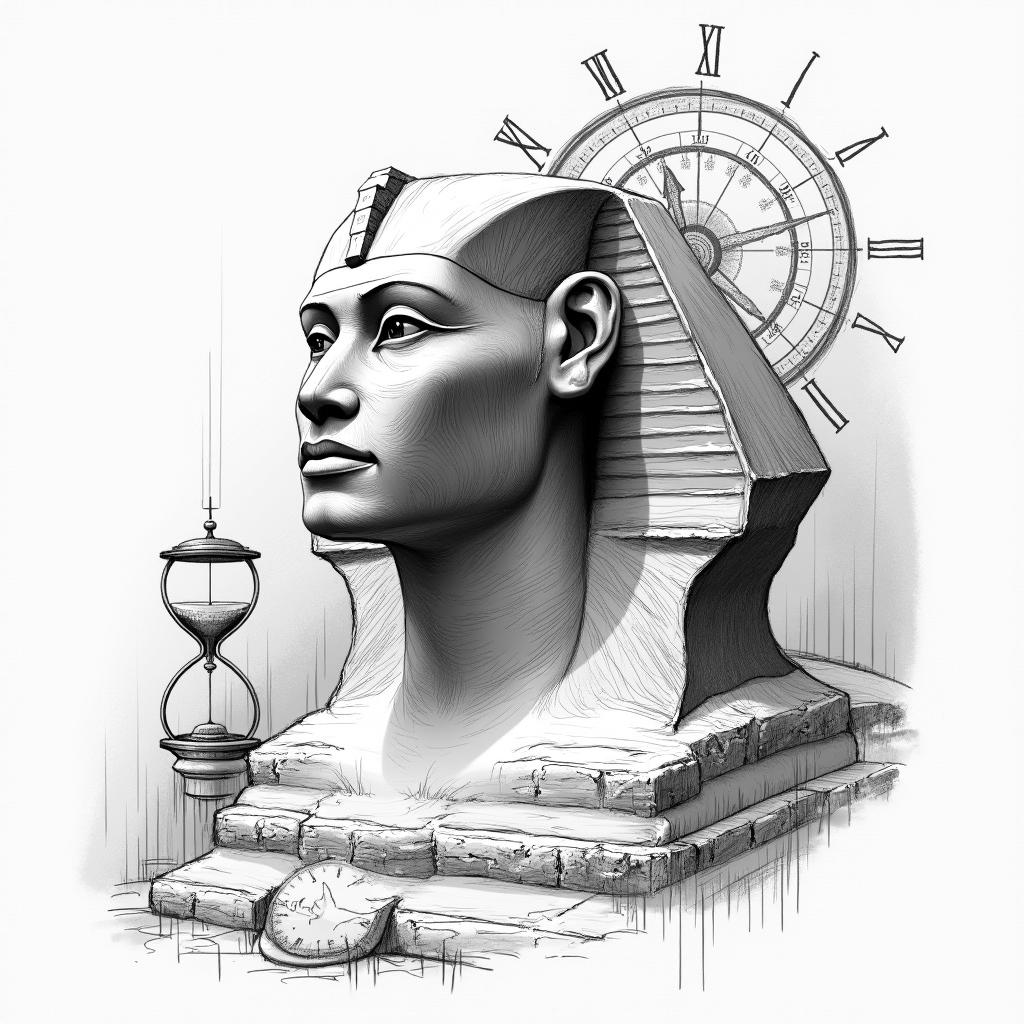 A detailed sketch-style drawing of the face of the Sphinx of Giza in profile, surrounded by various symbols of time such as an hourglass, sundial, clock, and ancient calendar