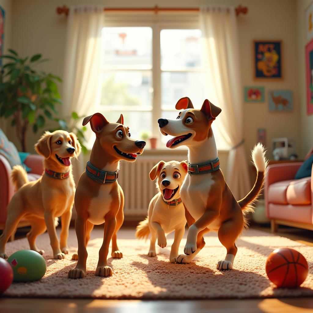 A vibrant and colorful scene featuring dog characters in a Toy Story-like world, engaged in a fun and spirited dance-off in a cozy living room filled with dog toys and accessories