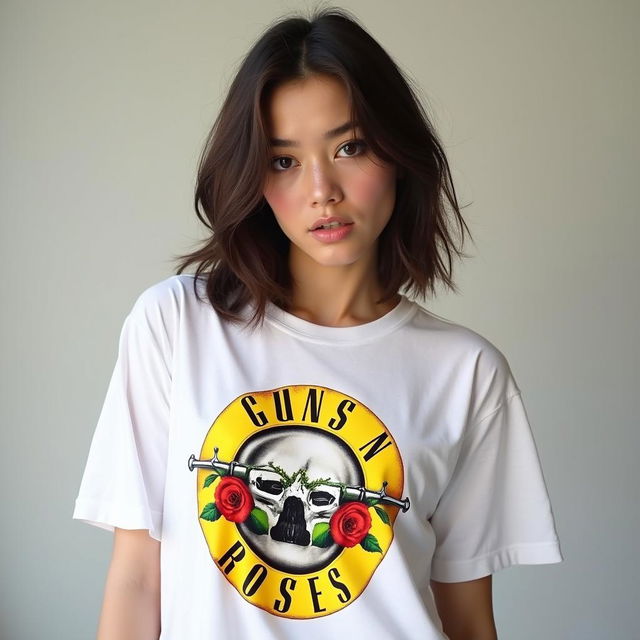 A young woman with dark brown shoulder-length hair, wearing a loose white Guns n' Roses t-shirt that reveals her shoulders and a bit of her chest, with a provocative look