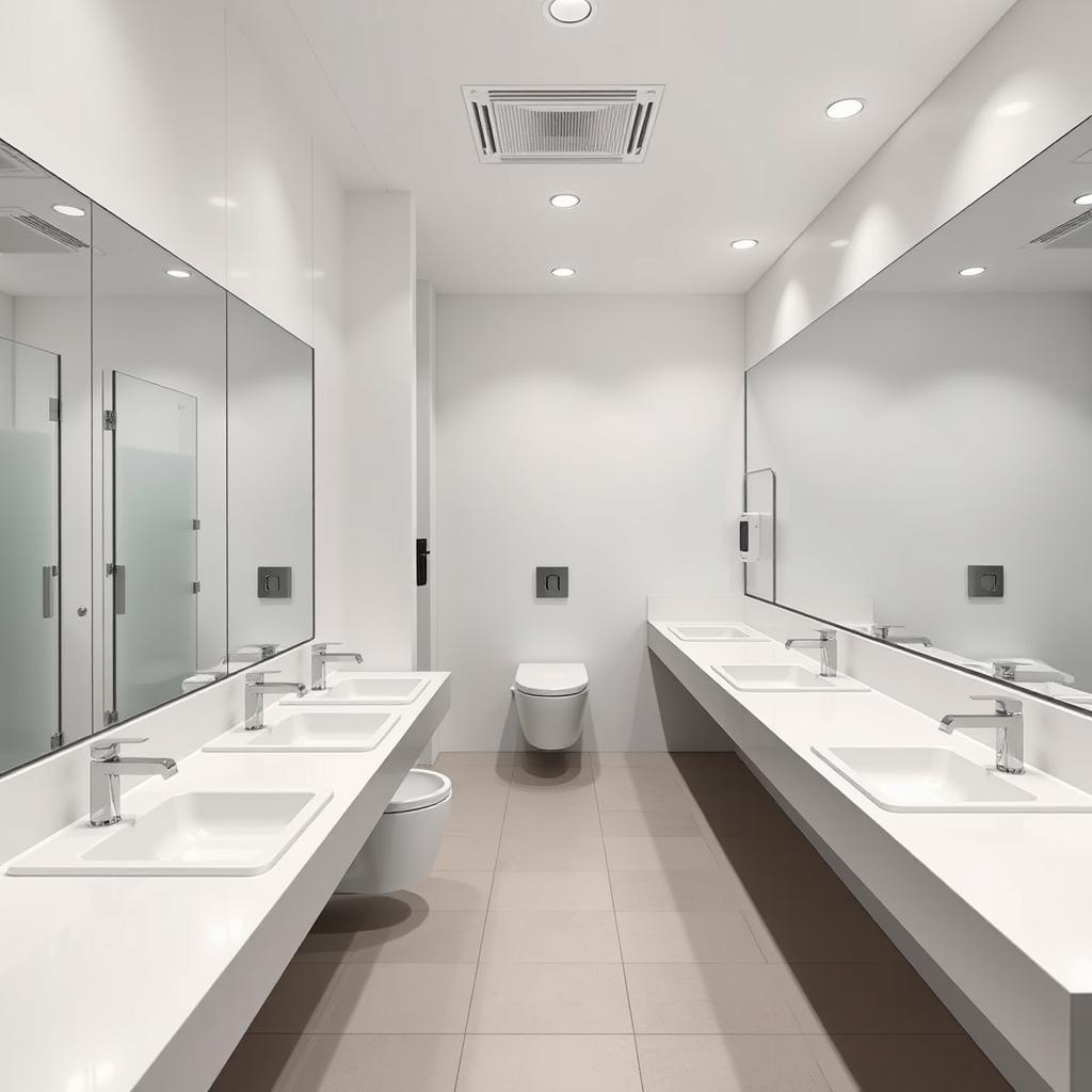 Create an image of a modern style restroom in a college