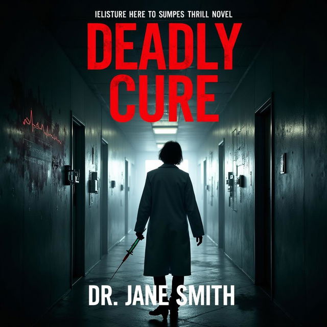 Create a dark and suspenseful book cover for a medical thriller titled 'Deadly Cure,' featuring an ominous hospital corridor, a menacing silhouette with a syringe, and elements like a heart monitor, surgical instruments, and scattered medical files