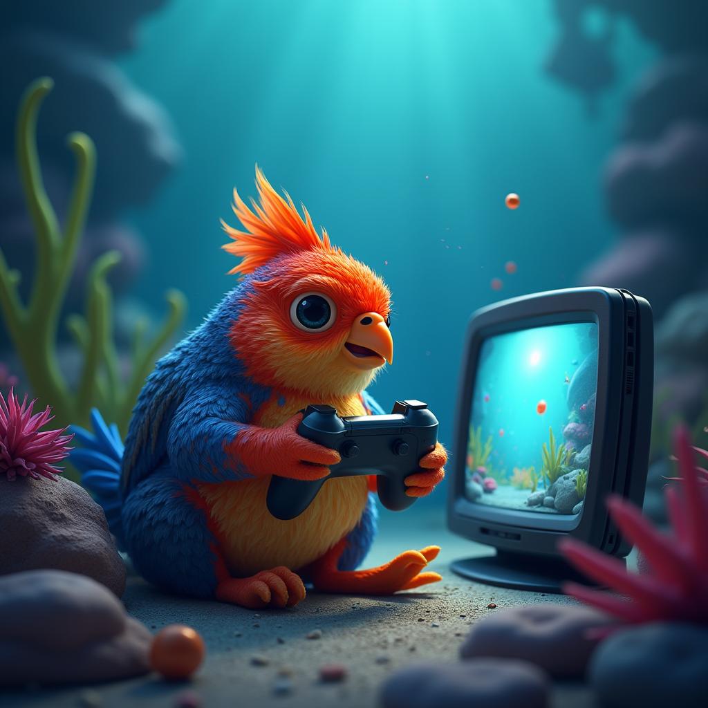 Um peixe colorido jogando videogame em um ambiente subaquático vibrante, com corais, plantas aquáticas e uma tela flutuante exibindo um jogo de ação