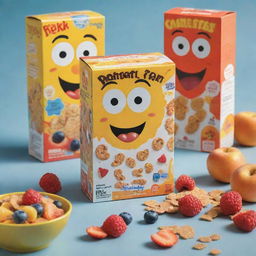 An innovative and attention-grabbing cereal box design teeming with bright colors, playful shapes, and engaging characters, promoting a healthy and fun breakfast choice.