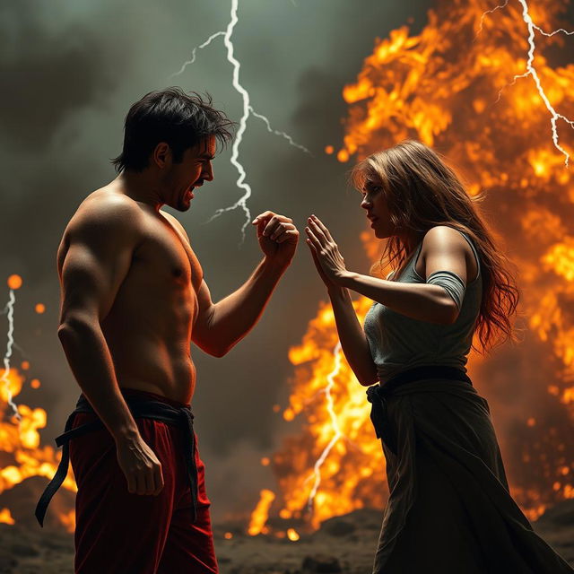 Create a photorealistic artwork of a partially clothed man and a partially clothed woman standing apart, fighting and arguing