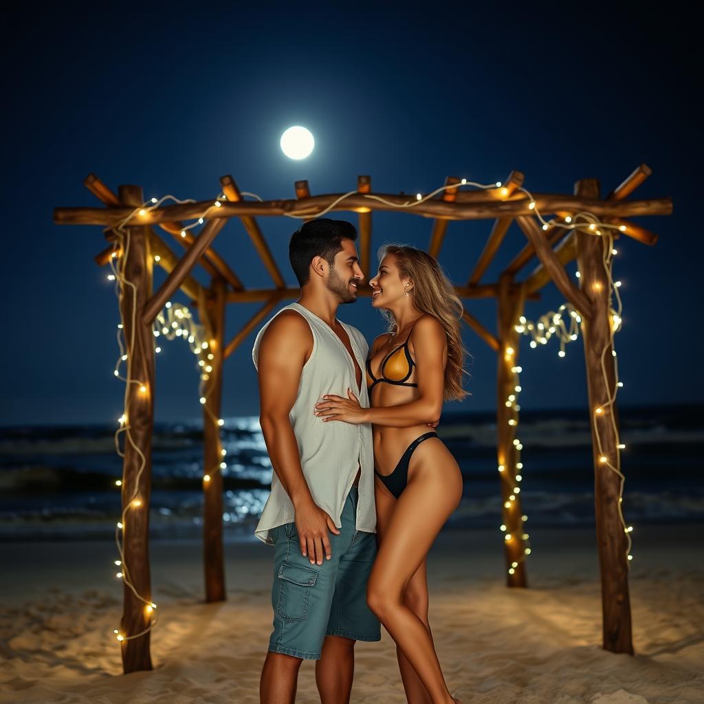 A man and a woman stand closely together in front of a beautifully crafted wooden structure, illuminated by the soft glow of moonlight