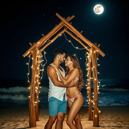 A man and a woman stand closely together in front of a beautifully crafted wooden structure, illuminated by the soft glow of moonlight