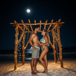 A man and a woman stand closely together in front of a beautifully crafted wooden structure, illuminated by the soft glow of moonlight