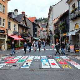 A small city with a pedestrian crosswalk decorated with various brand logos