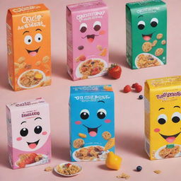 An innovative and attention-grabbing cereal box design teeming with bright colors, playful shapes, and engaging characters, promoting a healthy and fun breakfast choice.