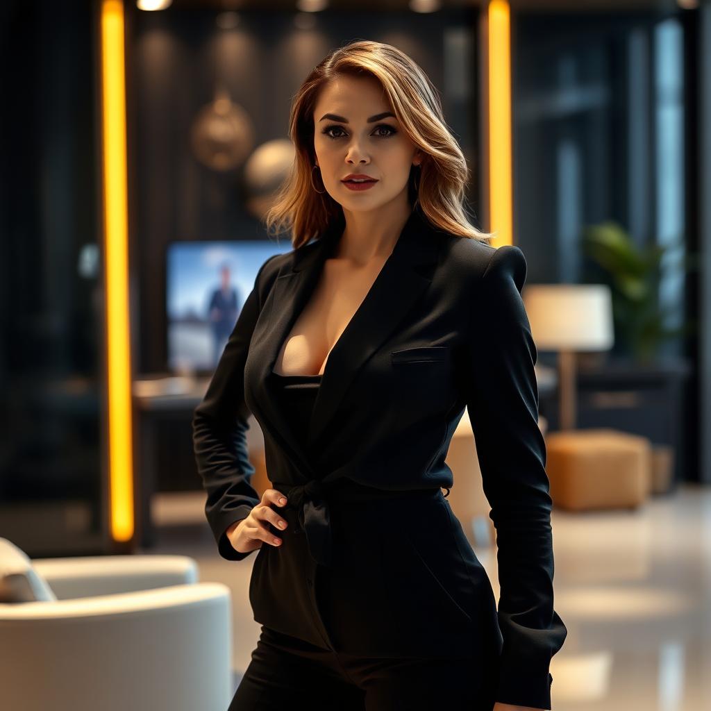 A confident woman stands in a stylish, modern setting, exuding a sense of allure and sophistication