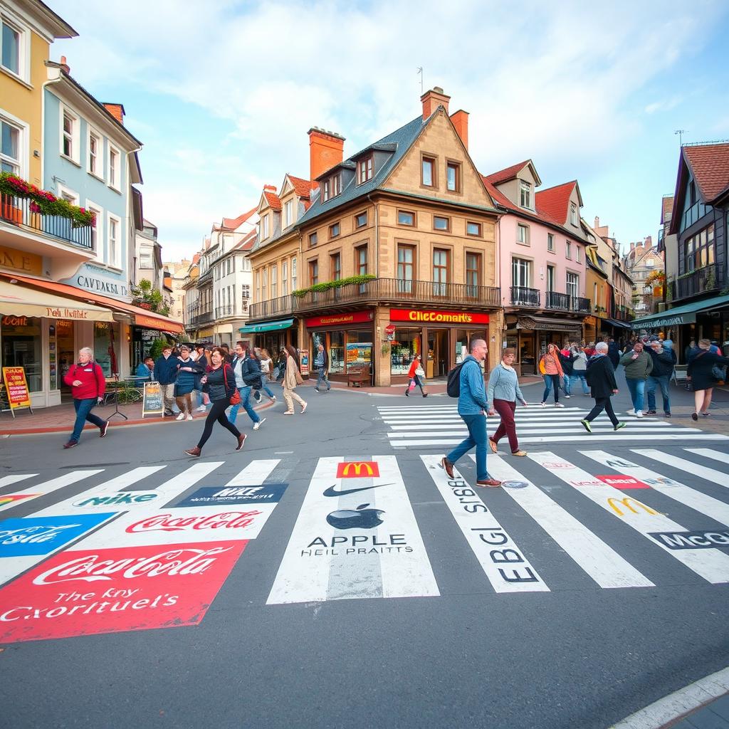 A small city with a pedestrian crosswalk decorated with various brand logos