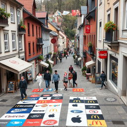 A small city with a pedestrian crosswalk decorated with various brand logos