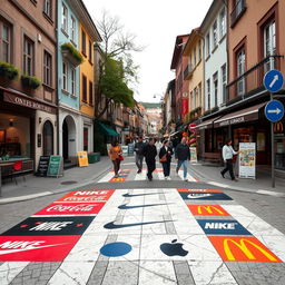 A small city with a pedestrian crosswalk decorated with various brand logos