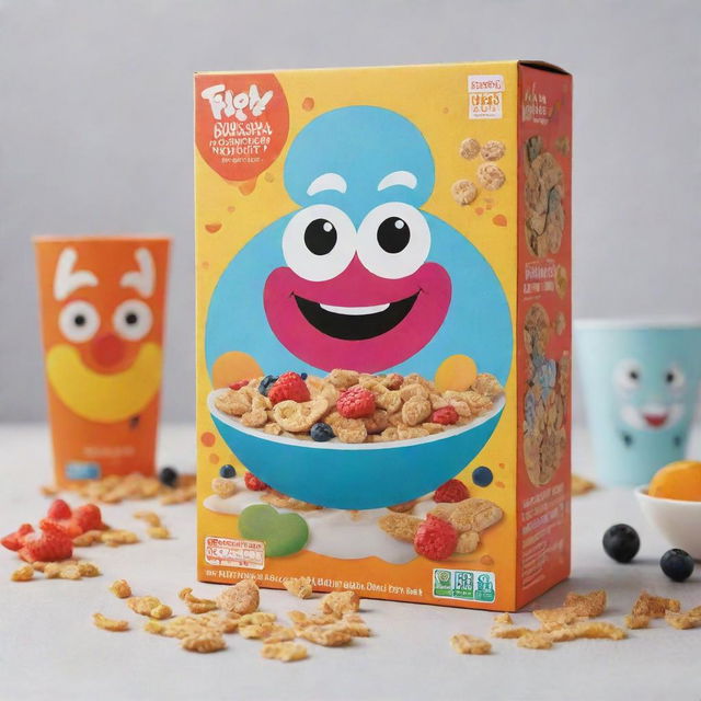 An innovative and attention-grabbing cereal box design teeming with bright colors, playful shapes, and engaging characters, promoting a healthy and fun breakfast choice.