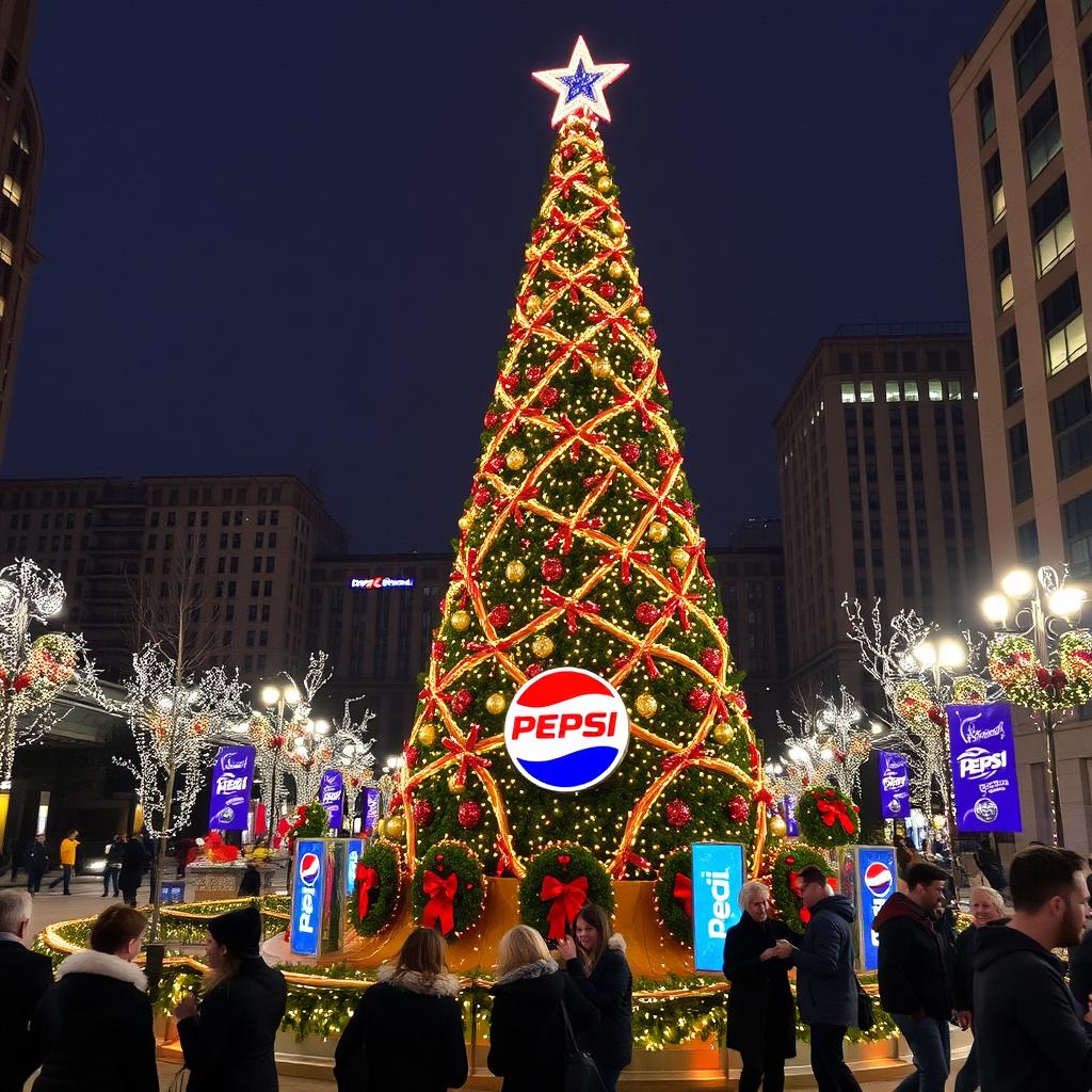 A festive Christmas decoration in a city plaza, featuring a large Christmas tree adorned with lights and ornaments