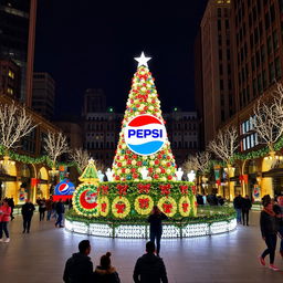 A festive Christmas decoration in a city plaza, featuring a large Christmas tree adorned with lights and ornaments