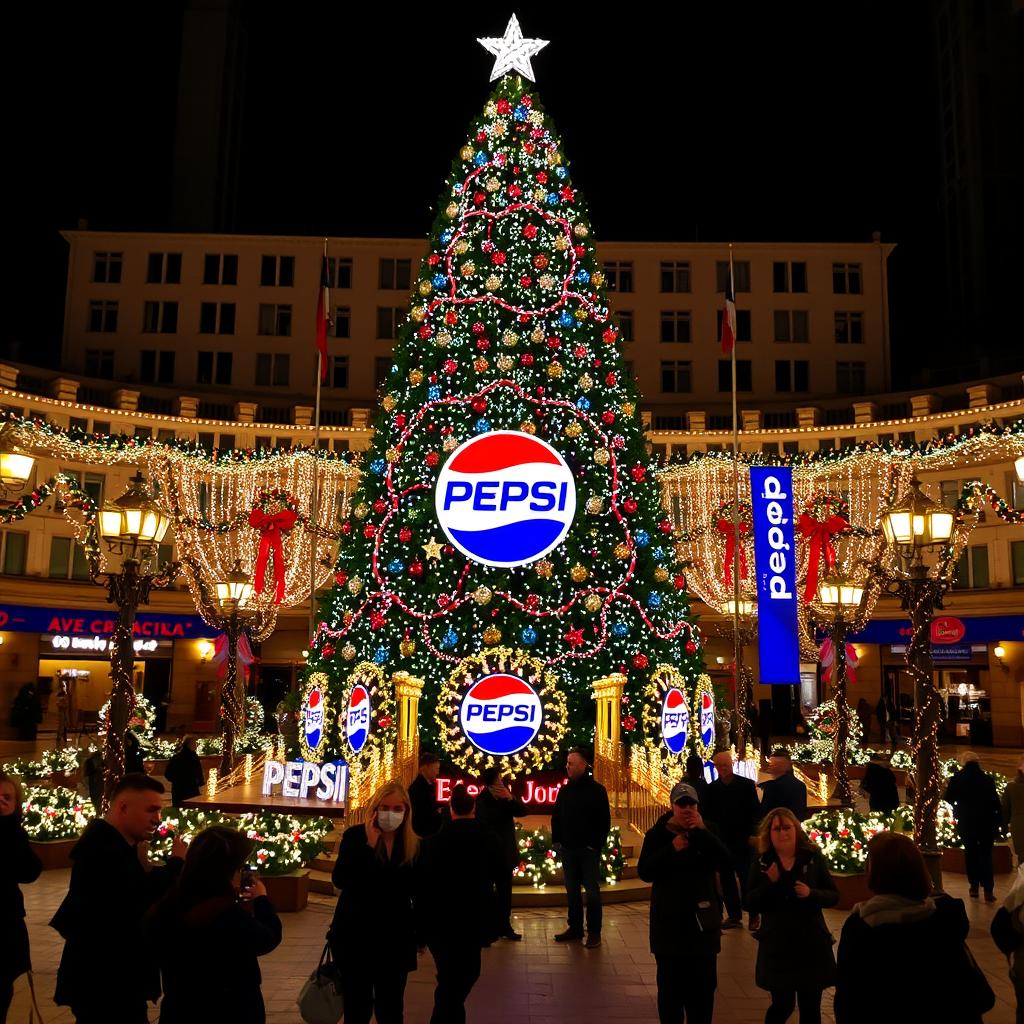 A festive Christmas decoration in a city plaza, featuring a large Christmas tree adorned with lights and ornaments