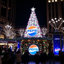 A festive Christmas decoration in a city plaza, featuring a large Christmas tree adorned with lights and ornaments