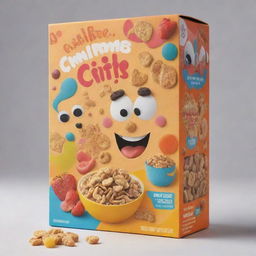 An innovative and attention-grabbing cereal box design teeming with bright colors, playful shapes, and engaging characters, promoting a healthy and fun breakfast choice.