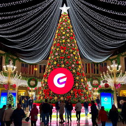 A Christmas-themed decoration in Plaza Venezuela, featuring a large Christmas tree adorned with lights and ornaments