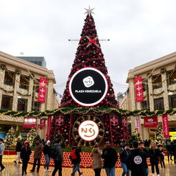 A Christmas-themed decoration in Plaza Venezuela, featuring a large Christmas tree adorned with lights and ornaments