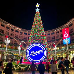 A Christmas-themed decoration in Plaza Venezuela, featuring a large Christmas tree adorned with lights and ornaments