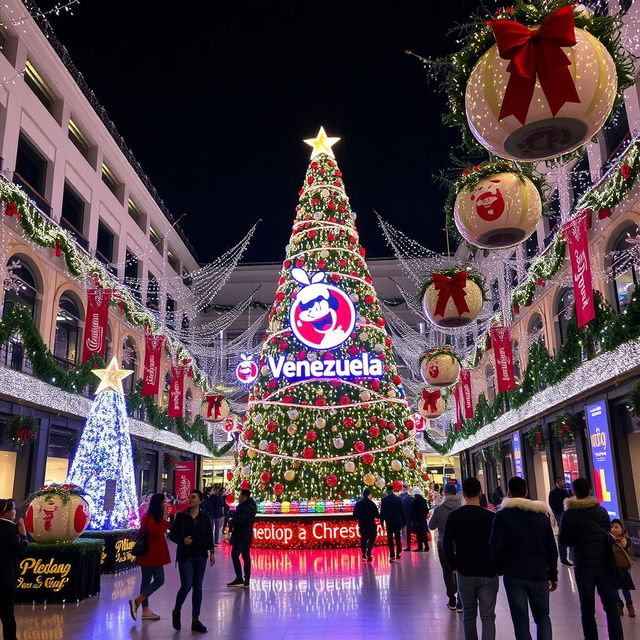 A Christmas-themed decoration in Plaza Venezuela, featuring a large Christmas tree adorned with lights and ornaments