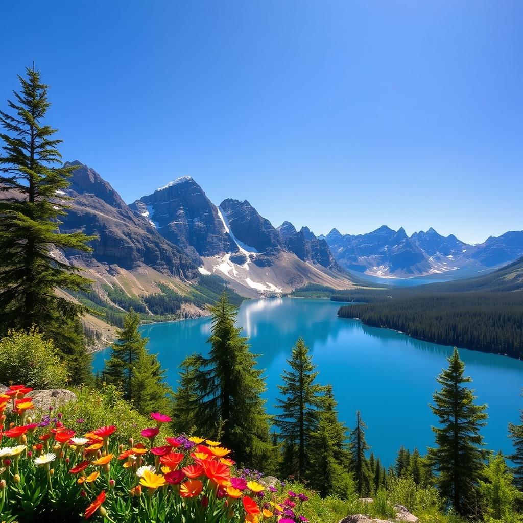 A beautiful landscape featuring a serene lake surrounded by mountains under a clear blue sky, with vibrant green trees and colorful flowers in the foreground