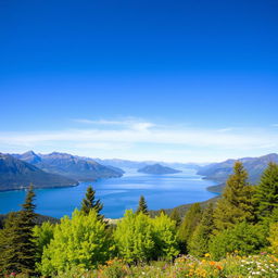 A beautiful landscape featuring a serene lake surrounded by mountains under a clear blue sky, with vibrant green trees and colorful flowers in the foreground