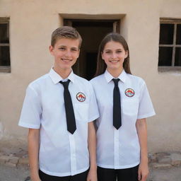 A petite window featuring a picturesque Lebanon village view. A boy and girl, both teenagers, stand in the foreground, donned in white shirts with black ties, a flame logo on the left pocket, and small rosary chaplets on the right arm of their shirts.