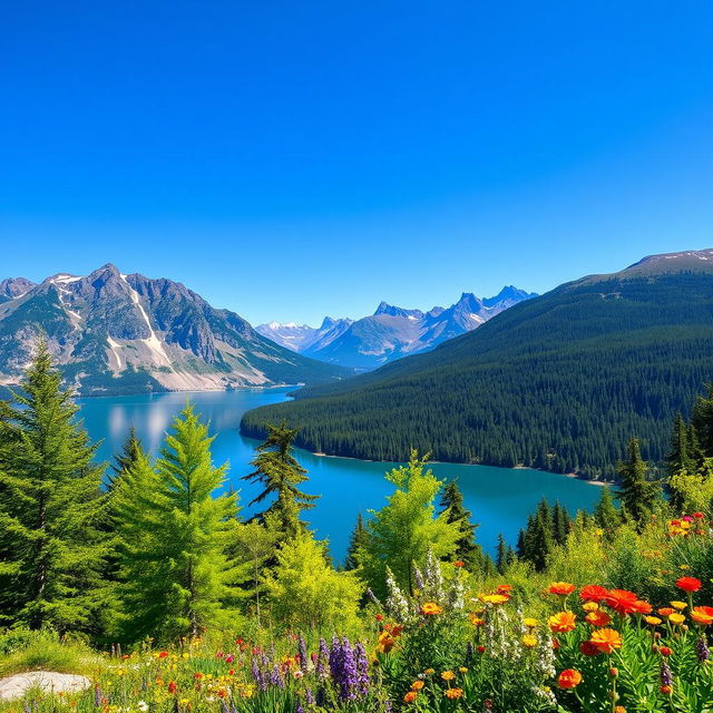 A beautiful landscape featuring a serene lake surrounded by mountains under a clear blue sky, with vibrant green trees and colorful flowers in the foreground