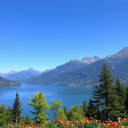 A beautiful landscape featuring a serene lake surrounded by mountains under a clear blue sky, with vibrant green trees and colorful flowers in the foreground