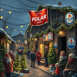 A depiction of a poor neighborhood decorated with Christmas decorations and prominently featuring the Polar beer brand