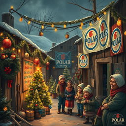 A depiction of a poor neighborhood decorated with Christmas decorations and prominently featuring the Polar beer brand