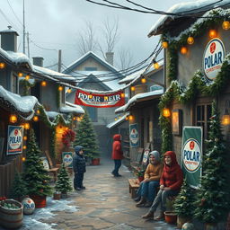 A depiction of a poor neighborhood decorated with Christmas decorations and prominently featuring the Polar beer brand