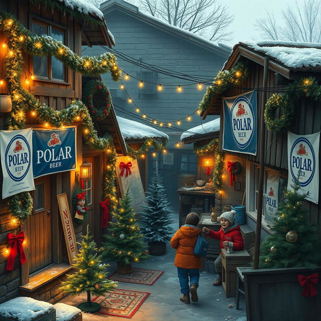 A depiction of a poor neighborhood decorated with Christmas decorations and prominently featuring the Polar beer brand