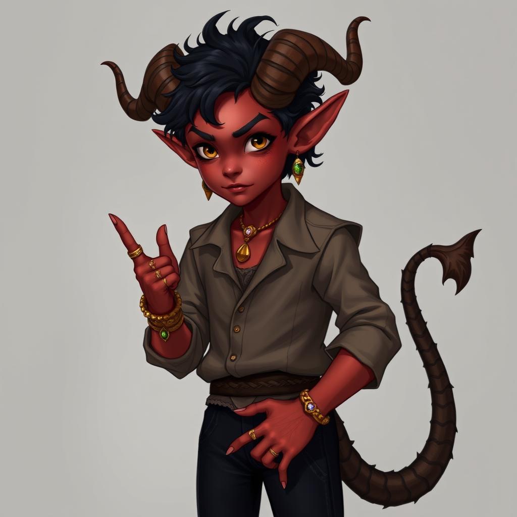 A tiefling boy with cherry-colored skin, long curling horns, golden eyes, pointed ears, and sharp features